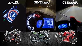 CFMOTO 450SR 🆚️ Kawasaki Ninja 400 🆚️ Honda CBR500R  Stock Acceleration Top Speed [upl. by Anner621]