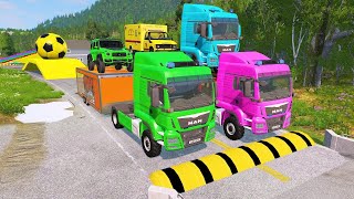 Double Flatbed Trailer Truck vs Speedbumps Train vs Cars  Tractor vs Train BeamngDrive 050 [upl. by Kolivas]