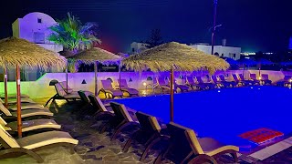 Greece Day 3  Kamari Beach Santorini  Hotels pools restaurants  Live music nightlife [upl. by Barcus]