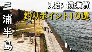 神奈川県三浦半島東部横須賀の釣りポイント10選 アイクル うみかぜ公園 海辺釣り公園 大津港新堤防 観音崎 陸軍桟橋 燈明崎 開国橋突堤 平作川河口 久里浜海岸 野比海岸 MANCING MANIA [upl. by Odlaumor]