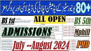 All Open Admissions in JulyAugust 2024  80 Universities Admission open in Ug5th MPhilPhD 2024 [upl. by Luy]