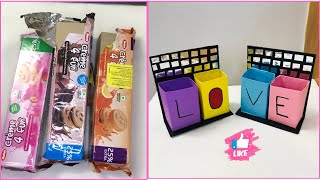 Desk organiser using biscuit packet🔥 diy penpencil holder FarzacreationsFk [upl. by Adnomar]