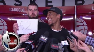 DeMar Derozan reacts to scoring 52 points Jonas Valanciunas crashes interview  ESPN [upl. by Dlabihcra]