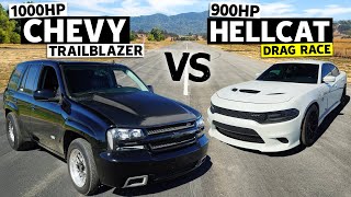 Daily Driver Drag Duel 1000hp Chevy Trailblazer races 900hp Dodge Hellcat [upl. by Mattie]