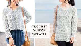 Easy Vneck Crochet Sweater  Cropped  Full Length  Beach Pullover Tutorial [upl. by Elmira757]