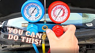 How to Recharge a Cars AC System Using a Manifold Gauge Set amp Vacuum Pump  Air Conditioning [upl. by Einnahc376]