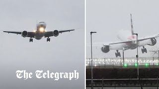 Storm Gerrit Big Jet TV captures Boeing 777 pulling off insane landing at Heathrow [upl. by Behn]