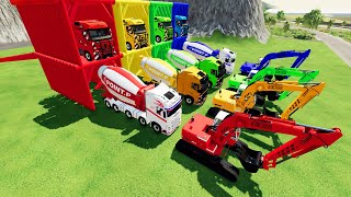 TRANSPORTING COLORED VOLVO CONCRETE MIXER TRUCKLIEBHER EXCAVATOR TO GARAGE WIHT MERCEDES CAT TRUCK [upl. by Anyd]