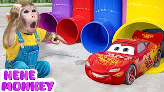 Monkey NeNe Play Four Colors Magic Water Pipe In Rainbow Challenge With Duckling NENE ANIMAL MONKEY [upl. by Keener]