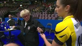 stoh2018 Shannon Birchards broom leaves scratches on the ice umpire asks her to tape it up [upl. by Atsev198]