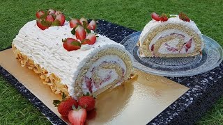 🍓L’authentique recette du Roulé aux fraises🍓façon bûche super moelleux fondant et crémeux 😋 [upl. by Aneeles]