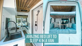 FAMILY VAN TOUR amazing bed lift that sleeps 4 with a full bathroom  SPRINTER VAN CONVERSION [upl. by Nivlac]