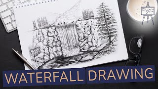 How to Draw a Waterfall Landscape Realistic Drawing Tutorial [upl. by Becht]