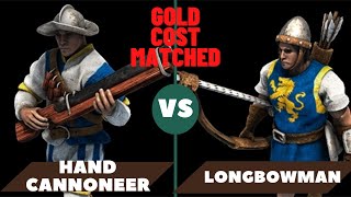 AOE2 40 HAND CANNONEERS VS 50 ELITE BRITON LONGBOWMEN SAME GOLD COST IN TOTAL [upl. by Onairelav]