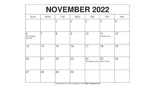 Printable November 2022 Calendar Templates with Holidays  Wiki Calendar [upl. by Glynias853]