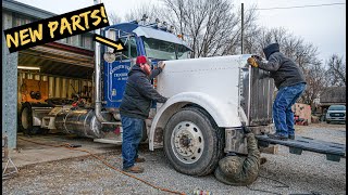 Putting Massive New Hood on Wrecked 379 Peterbilt [upl. by Lekcim652]