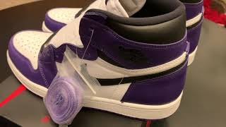 UNBOXING REVIEW AND ON FEET JORDAN 1 COURT PURPLE 2020 [upl. by Eisset]