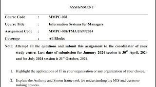 IGNOU MMPC008 Solved Assignment Jan 2024  July 2024 FREE  MBA  Information System for Managers [upl. by Fernande625]