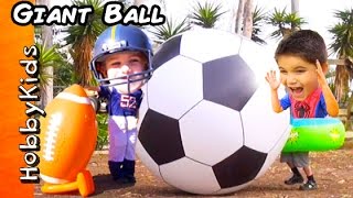 GIANT Football and Soccer Egg Surprises AirZooka Super Heroes  Family Fun Games HobbyKidsVids [upl. by Laen464]