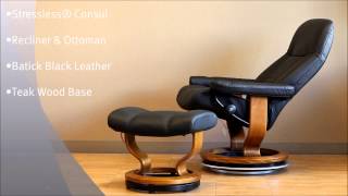 Stressless Consul Recliner and Ottoman in Batick Black Leather and Teak Wood Base By Ekornes [upl. by Emmer]