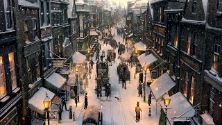 Victorian Winter London Christmas Ambience Snowfall Horses Bells [upl. by Aidaas]