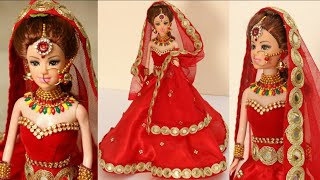 Barbie Lehenga How to decorate a doll with Indian Bridal Dress amp JewelleryDoll Lehenga makingDoll [upl. by Ennail]