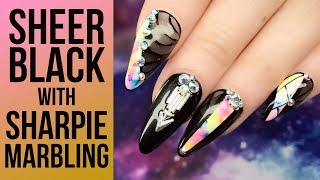 Sheer Black Acrylic Full Look with Marbled Sharpie Design  Inspired by Instagram Nail Artist [upl. by Yot]