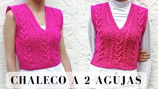 tutorial de chaleco trenzado cuello V tejido a 2 agujas fácil y rápido  knit cable vest [upl. by Maxey]