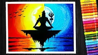 Oil Pastel Colorful Lord Shiva Sunset and Moonlight Scenery Drawing  for Beginners [upl. by Adis]