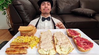 MASSIVE BREAKFAST MUKBANG EGGS SAUSAGE CRUNCHY PORK SPREAD BAGUETTE AND STRAWBERRY JAM [upl. by Nnylarac]