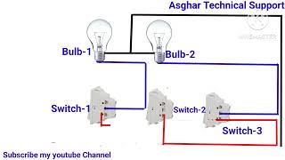 3 way switch multiple lights diagram  Turn on and off two bulbs from three places [upl. by Ally]