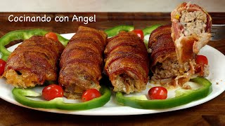 Rollitos De Carne Rellenos Y Envueltos En Tocino [upl. by Anivlek]