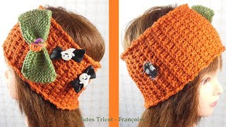 Tuto tricot Bandeau enfant point Granité avec noeud Halloween  Halloween headband knitting [upl. by Crellen]