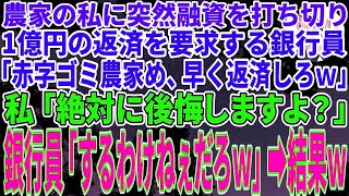 【スカッとする話】潰れかけの農家を立て直したと知らずエリート銀行員「赤字ゴミ農家に貸す金はないｗ早く金返せｗ」融資を打ち切られ借入金1億円の一括返済を要求された。私「絶対に後悔しますよ？」銀 [upl. by Nnek68]