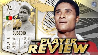 94 PRIME ICON MOMENTS EUSEBIO PLAYER REVIEW  SBC PLAYER EUSEBIO  FIFA 22 ULTIMATE TEAM [upl. by Fawcette]