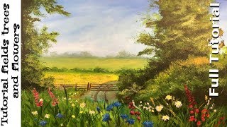 Acrylic Landscape Painting Tutorial fields trees and flowers [upl. by Wagner155]