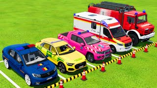 DACIA AUDI VOLKSWAGEN POLICE CARS MERCEDES AMBULANCE and FIRE DEPARTMENT TRANSPORTING  FS22 [upl. by Aizat389]