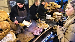 Street Food in Poland Huge Load of Tasty Food on Roasted Bread Christmas Market Krakow [upl. by Merdith]