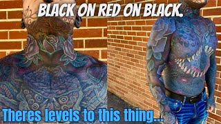 Black on red on black rose sleeve and neck tattoo ink inked [upl. by Rokach527]