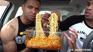 EXTREME SPICY CHEESE RAMEN NOODLE CHALLENGE  MUKBANG hodgetwins [upl. by Bullis211]