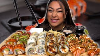 40 PIECE SUSHI MUKBANG  RAINBOW ROLL  CALIFORNIA ROLL  CRUNCHY ROLL  SALMON ABURI NIGIRI [upl. by Attesor]