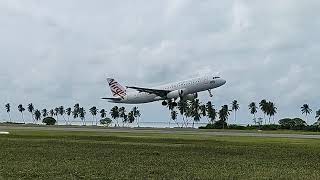 Cocos Keeling Islands runway Virgin A320 takeoff [upl. by Araiek592]