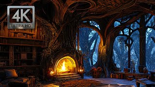 Inside the Enchanted Forest Treehouse Winter Ambience w Wind Blowing Falling Snow Crackling Fire [upl. by Eisle377]