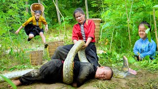 Brave ethnic girl rescues Dwarf Family primitive attacked by giant python while harvesting cassava [upl. by Nylissej574]