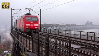 Rendsburg High Bridge rail crossing  north Germany  south Denmark mainline railway traffic 4K [upl. by Olim]