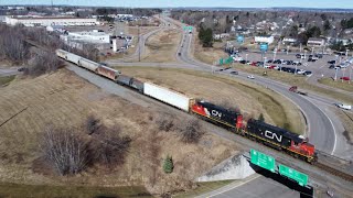 Awesome Aerial 4K View Two EMD Geeps Lead Local Tran CN 537 at Moncton NB [upl. by Ayikahs916]