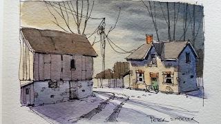 Draw and Paint a Farm at dusk Line and Wash watercolor tutorial Peter Sheeler [upl. by Sumahs]