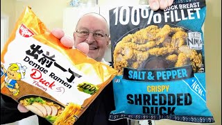 Nissin Demae Ramen Duck Flavour Noodles And Iceland Crispy Shredded Duck  Food Review [upl. by Eirollam560]