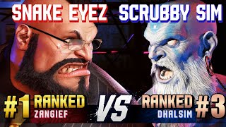 SF6 ▰ SNAKE EYEZ 1 Ranked Zangief vs SCRUBBY SIM 3 Ranked Dhalsim ▰ High Level Gameplay [upl. by Tabber]