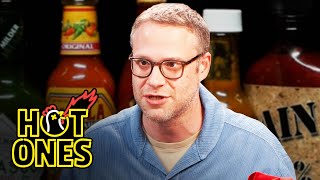 Seth Rogen Scorches His Tongue While Eating Spicy Wings  Hot Ones [upl. by Eyanaj]